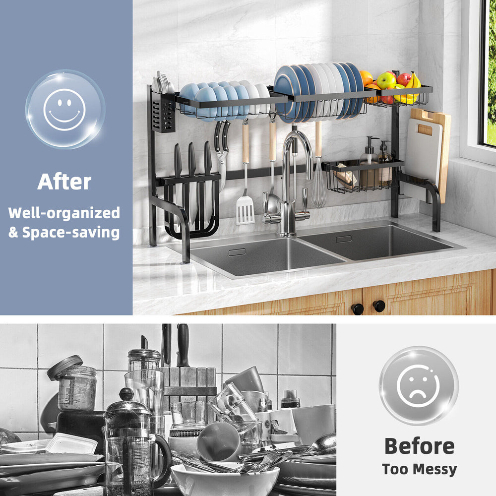 2 Tier adjustable over sink dish drying rack with 4 baskets and 8 hooks, designed for space-saving and organization.