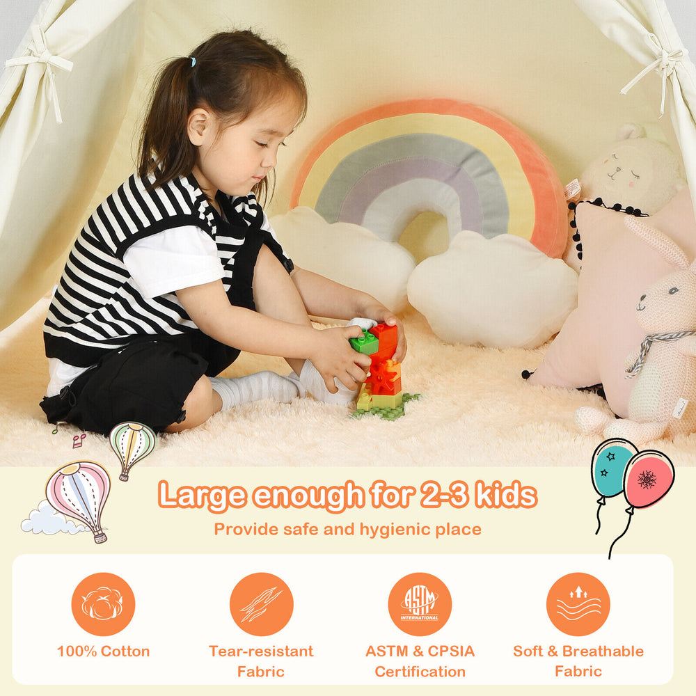 Foldable kids canvas teepee play tent made of 100% cotton, spacious for 2-3 kids, ideal for indoor and outdoor fun.