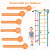 Kids indoor gym playground with wall ladder, pull-up bar, and gymnastic rings for enhancing physical fitness and fun.