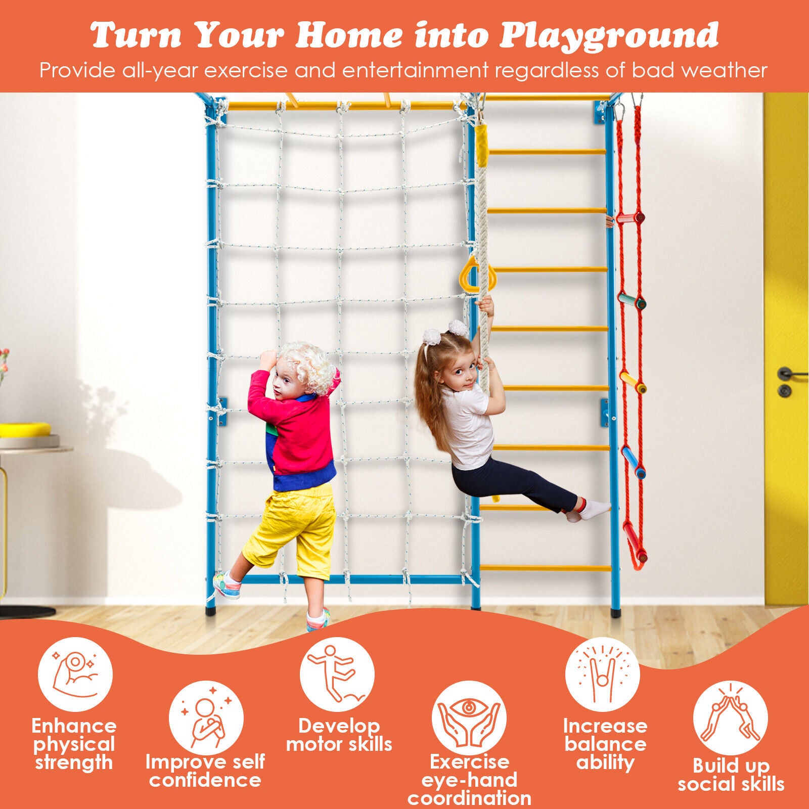Costway 7-in-1 Kids Indoor Gym Playground Swedish Wall