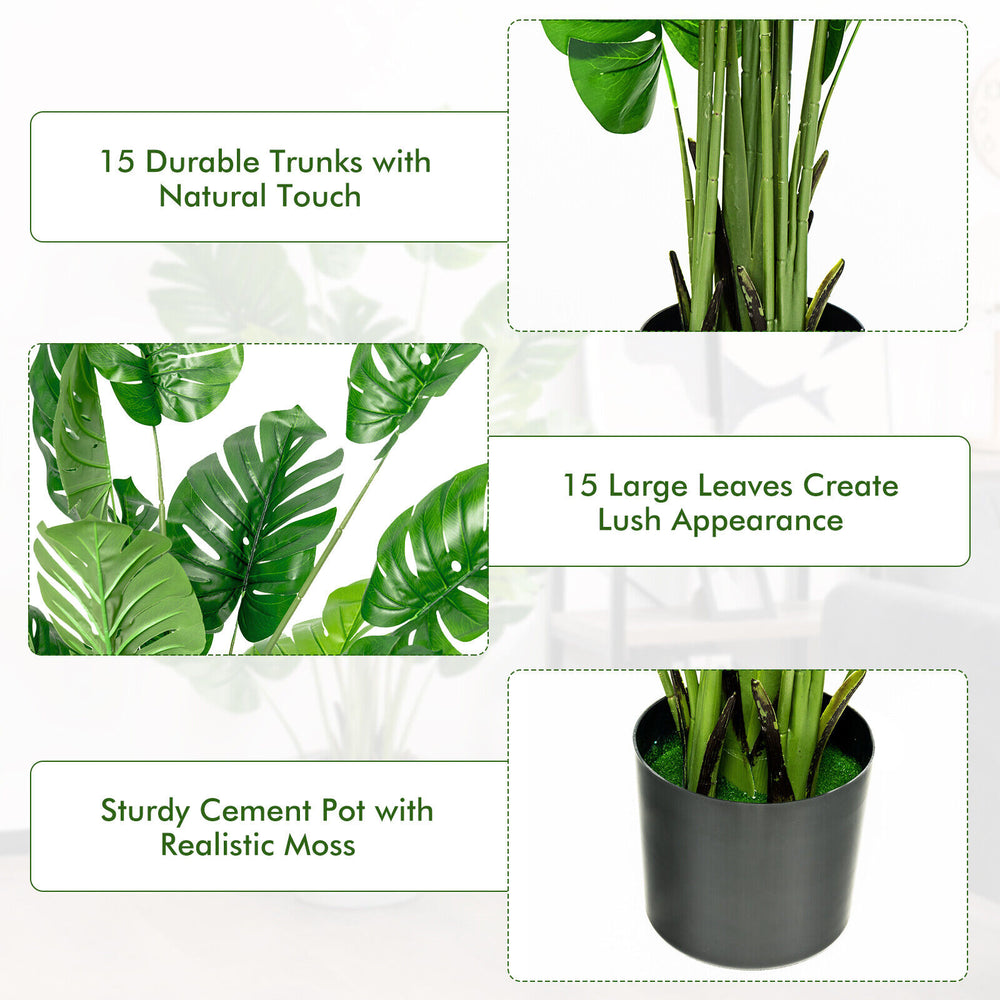 5 feet artificial Monstera deliciosa tree with 15 large leaves, sturdy cement pot, perfect for indoor and outdoor decor.