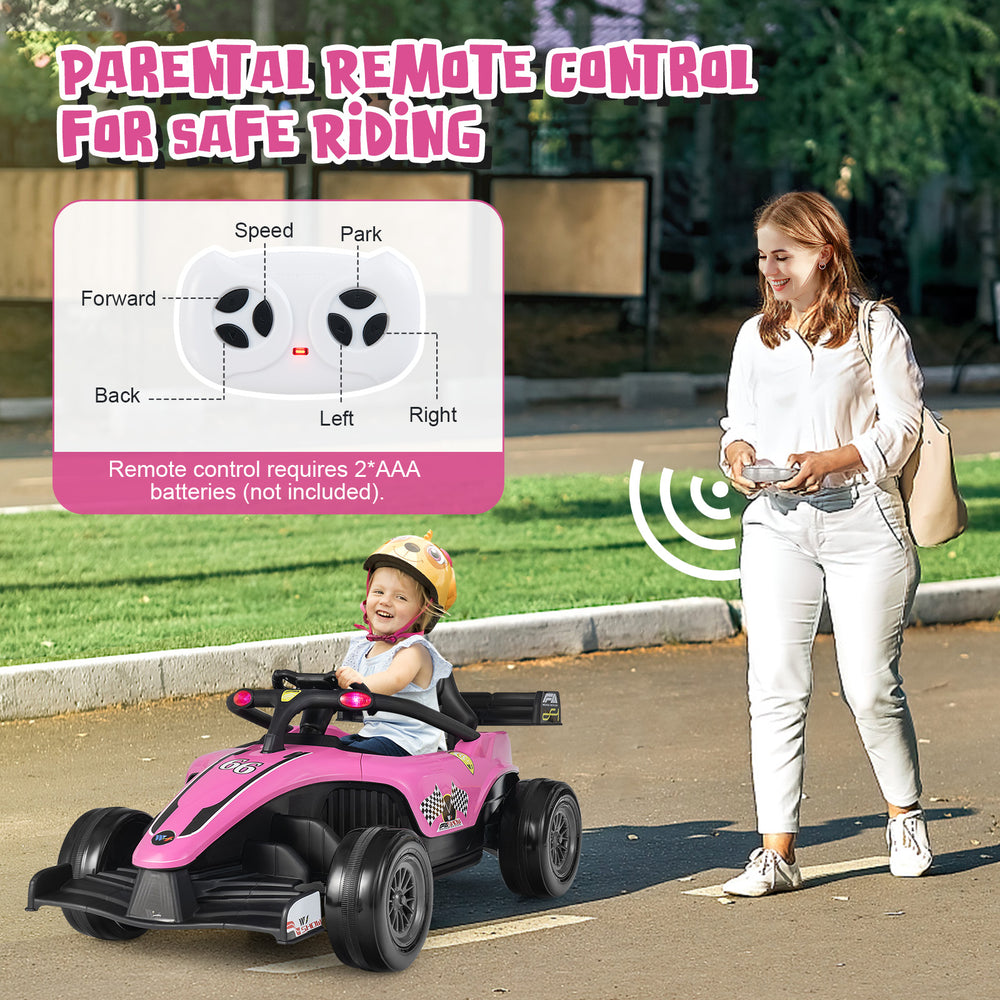 Kids ride-on electric Formula racing car in pink with remote control, featuring shock-absorbing wheels for various.