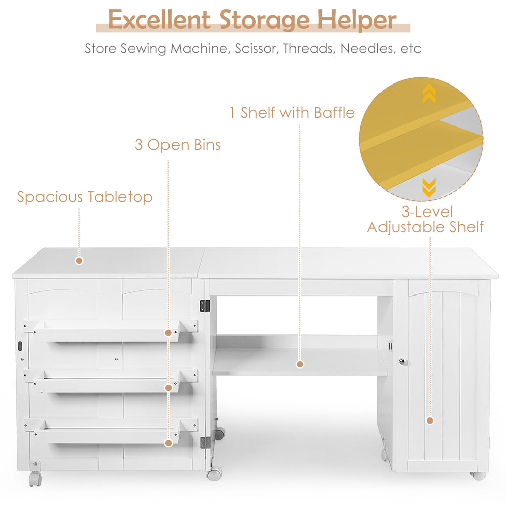 Folding sewing table with wheels, featuring three storage bins and an adjustable shelf for organized crafting.