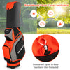 10.5-inch orange golf stand bag with 14 way dividers and 7 zippered pockets, featuring a rain hood for protection.