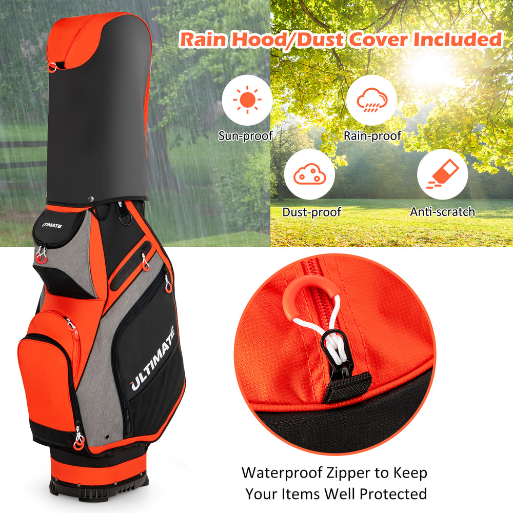 10.5-inch orange golf stand bag with 14 way dividers and 7 zippered pockets, featuring a rain hood for protection.