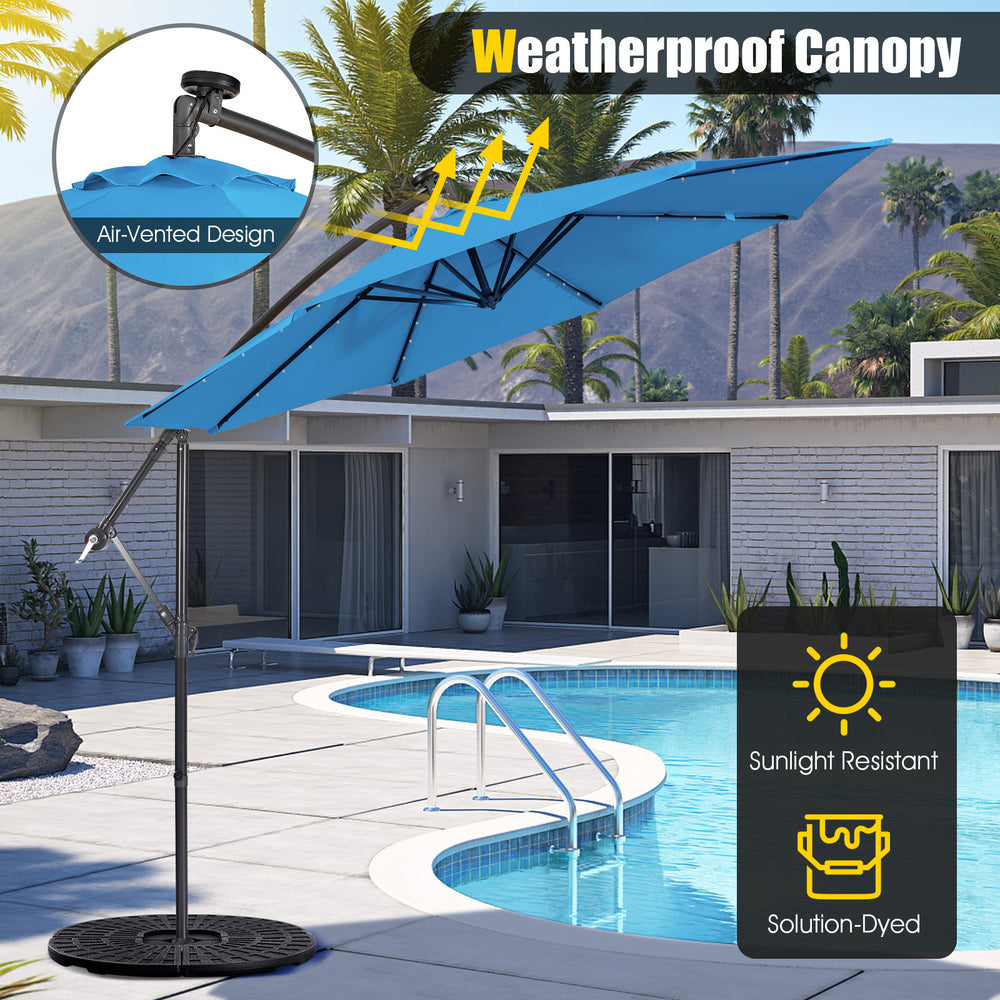 10 feet blue patio solar-powered cantilever umbrella with tilting system, featuring a weatherproof canopy for outdoor.