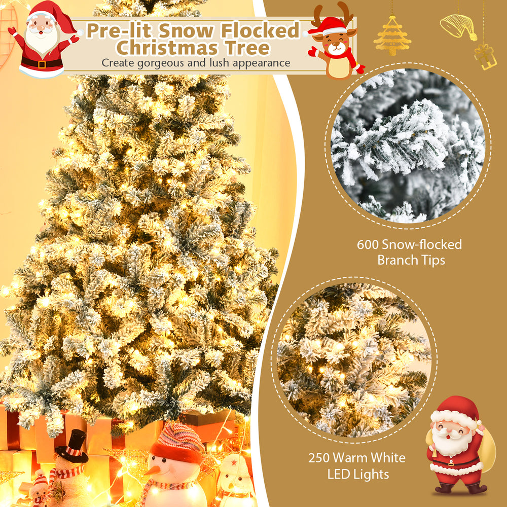 6 ft pre-lit snow flocked Christmas tree with 600 branch tips and 250 warm white LED lights for festive decoration.