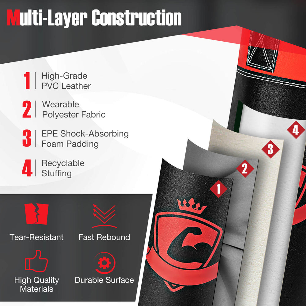 Multi-layer construction of the 11 Pounds Kids Hanging Punching Bag, featuring durable PVC leather and shock-absorbing.