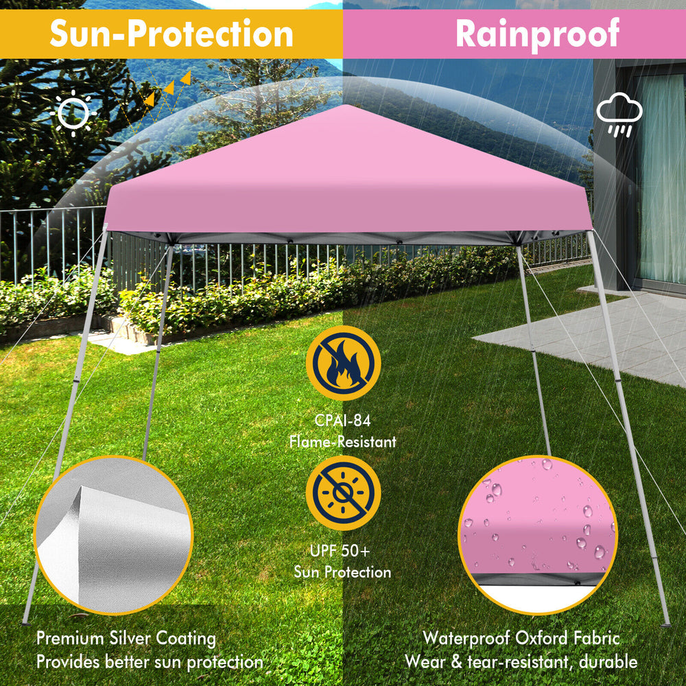 Pink 10 x 10 feet outdoor instant pop-up canopy with waterproof Oxford fabric and UPF 50+ sun protection for outdoor.