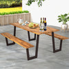 70-inch acacia wood dining table set with metal frame, featuring umbrella hole, perfect for outdoor use in gardens.