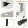 Close-up of the stackable white bookcase showcasing sturdy metal support legs and cut-out handle for modern storage.