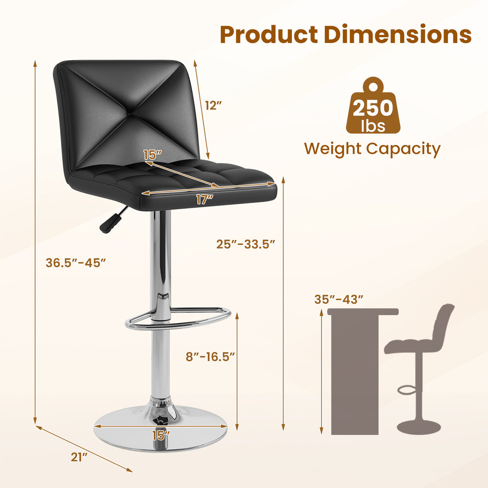 Black PU leather bar stool dimensions with adjustable height, 250 lbs capacity, and ergonomic design for comfort.
