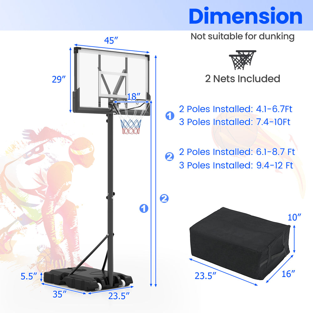 Adjustable portable basketball hoop with 18" rim, sturdy base, and height range of 4.1-10 ft for kids and adults.