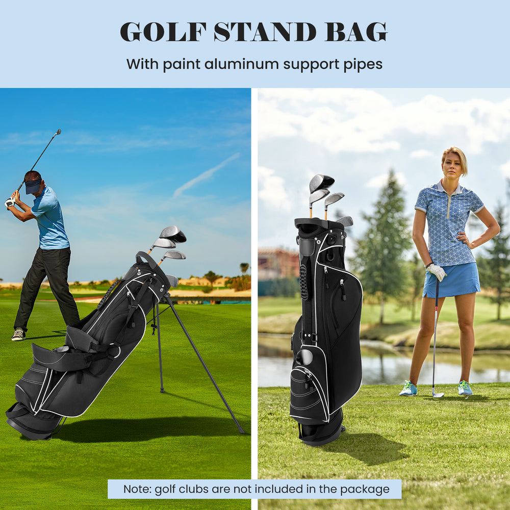 Golf stand bag in black with 4 way divider and adjustable straps, perfect for secure storage on the course.