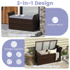 Outdoor bench with hand-woven PE rattan, gray cushion, and hidden storage, perfect for outdoor supplies and seating.