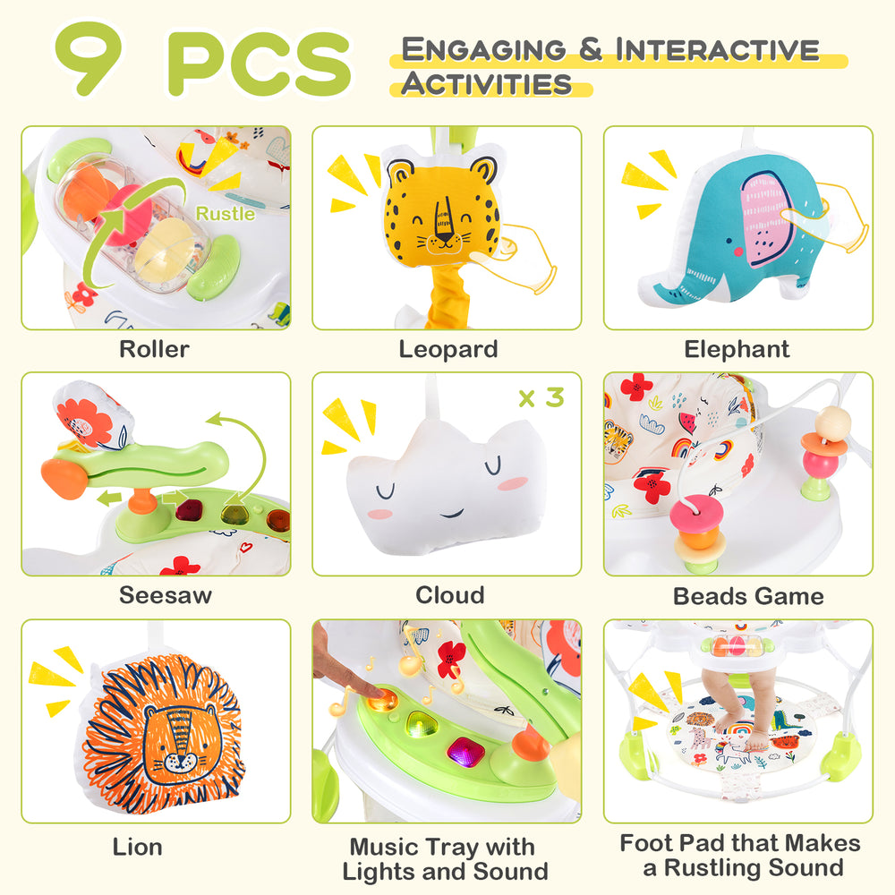 Baby activity center featuring interactive toys, adjustable height, and a 360° rotating seat for endless fun.