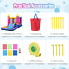 Inflatable bounce house accessories including a storage bag, repair kit, blower, and ground stakes for stability.