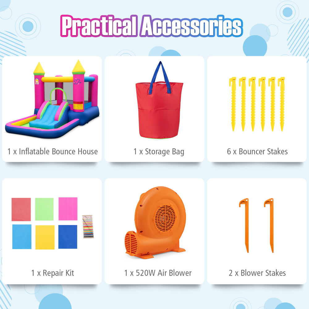 Inflatable bounce house with slide and ball pit, made of durable oxford fabric, includes 520W blower for easy setup.
