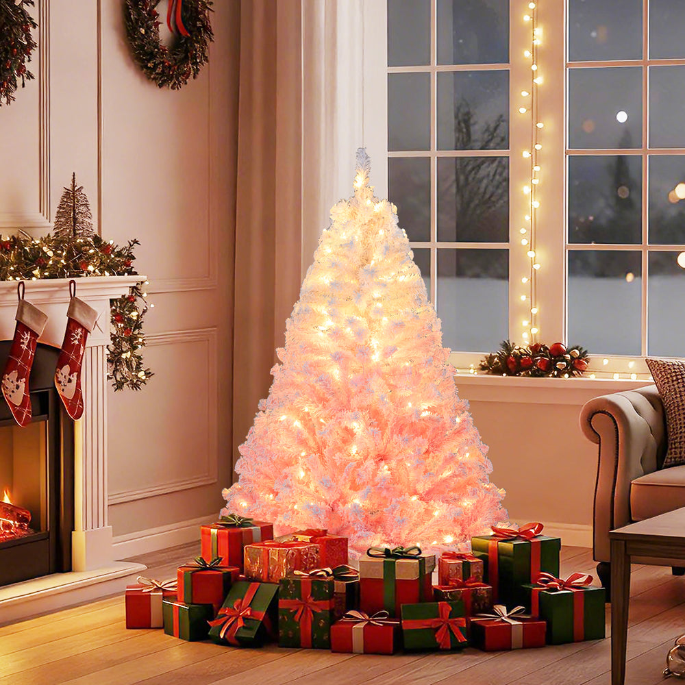 5-foot artificial Christmas tree with warm white LED lights, snow flocking, and gifts, perfect for festive holiday.