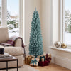 Slim 5-foot artificial Christmas tree with silver and gray-green PVC branch tips, perfect for festive holiday decorating.