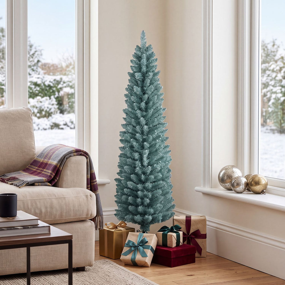Slim 5-foot artificial Christmas tree with silver and gray-green PVC branch tips, perfect for festive holiday decorating.