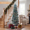 Slim 5-foot artificial Christmas tree with 210 PVC branch tips, featuring silver and gray-green needles, ideal for festive decor.