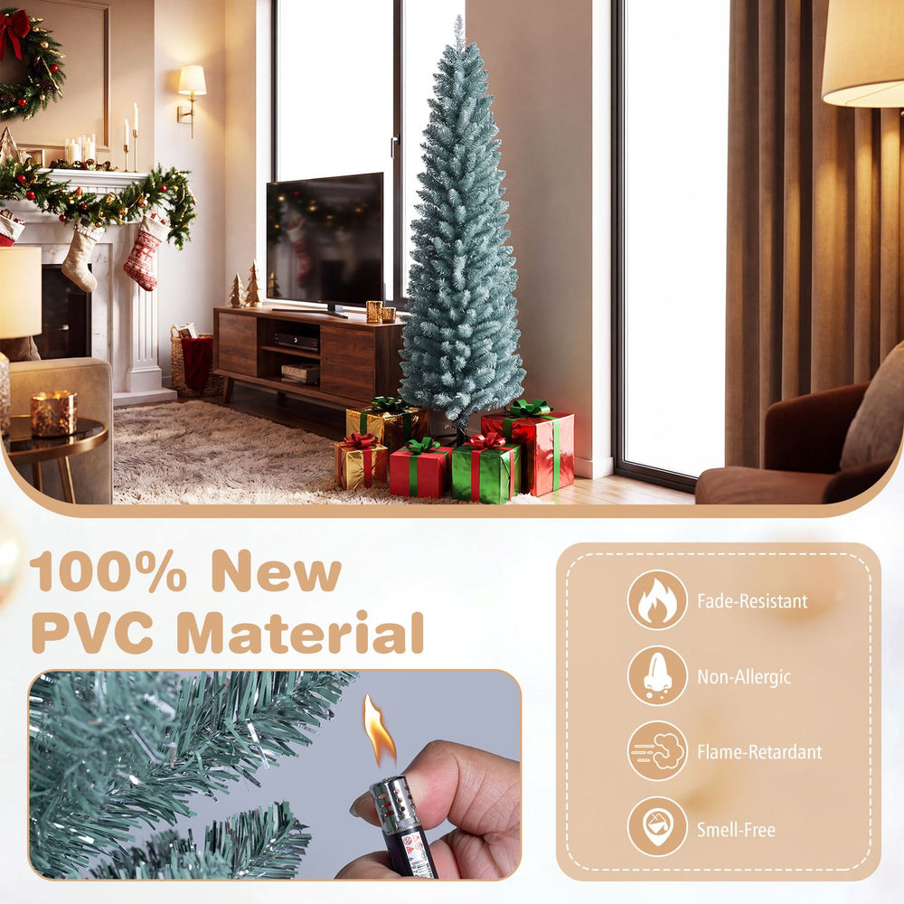 5-foot artificial Christmas tree with 210 PVC branch tips, featuring silver and gray-green needles for a frosted festive look.