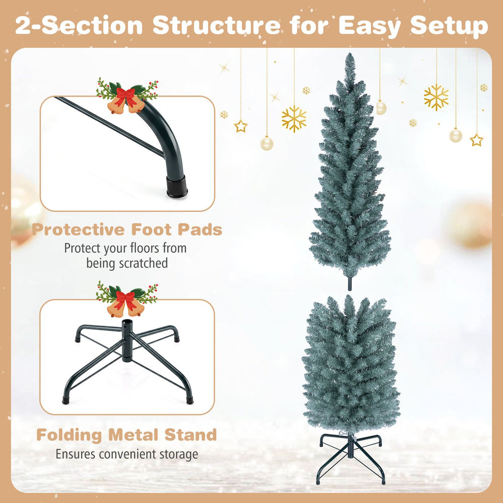 5-foot artificial Christmas tree with 210 PVC branch tips, featuring a slim profile and a folding metal stand for easy setup.