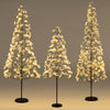 Lighted alpine tree set featuring 5ft, 6ft, and 7ft heights with warm white LED lights for versatile holiday decor.
