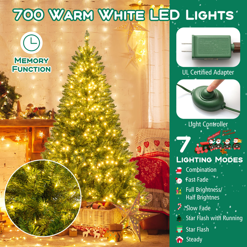 6-foot artificial Christmas tree with 400 warm white LED lights, featuring 7 lighting modes and hinged branches for.