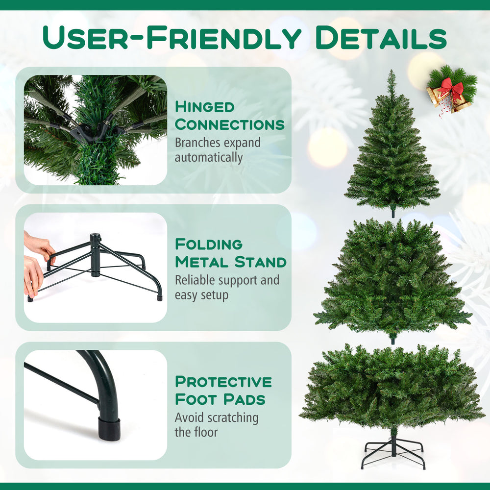 6-foot artificial Christmas tree with hinged connections, 400 LED lights, and a folding metal stand for easy setup.