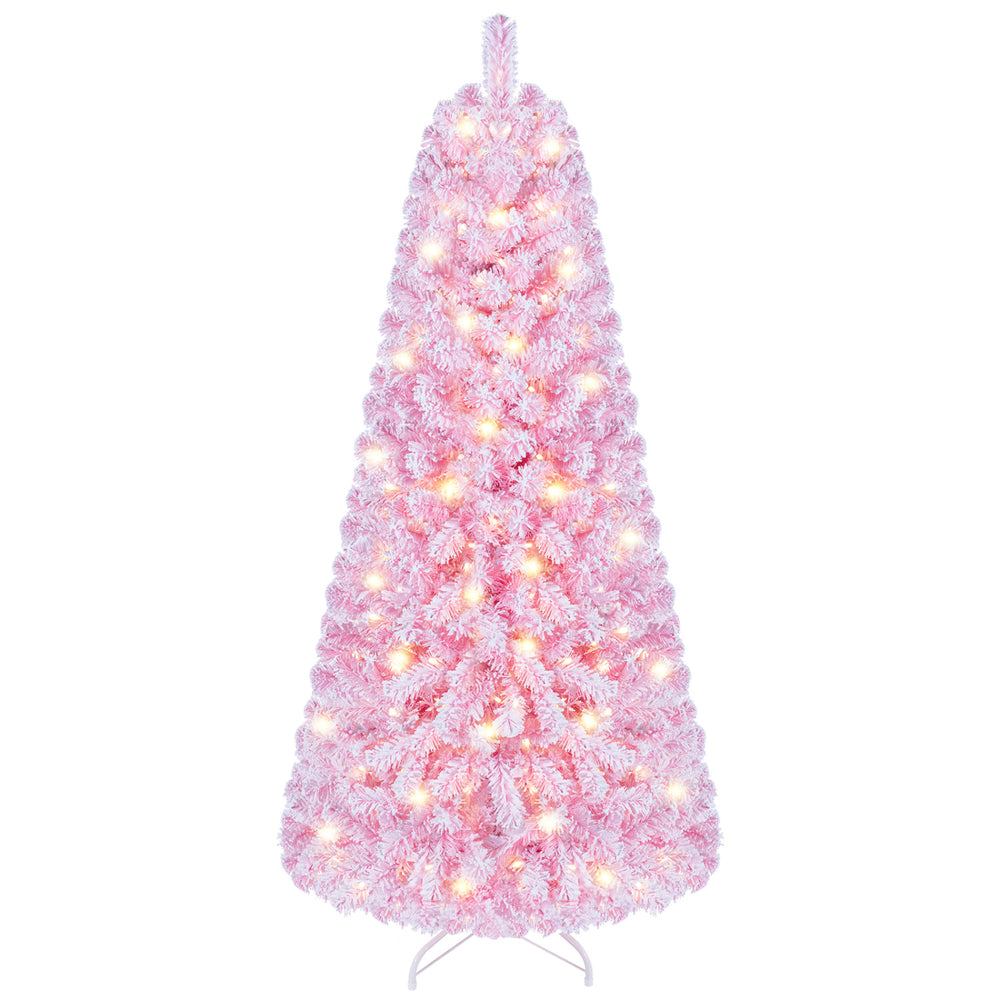 Pink 5 ft flocked fir Christmas tree with 160 warm white LED lights and a hinged design for easy setup and placement.