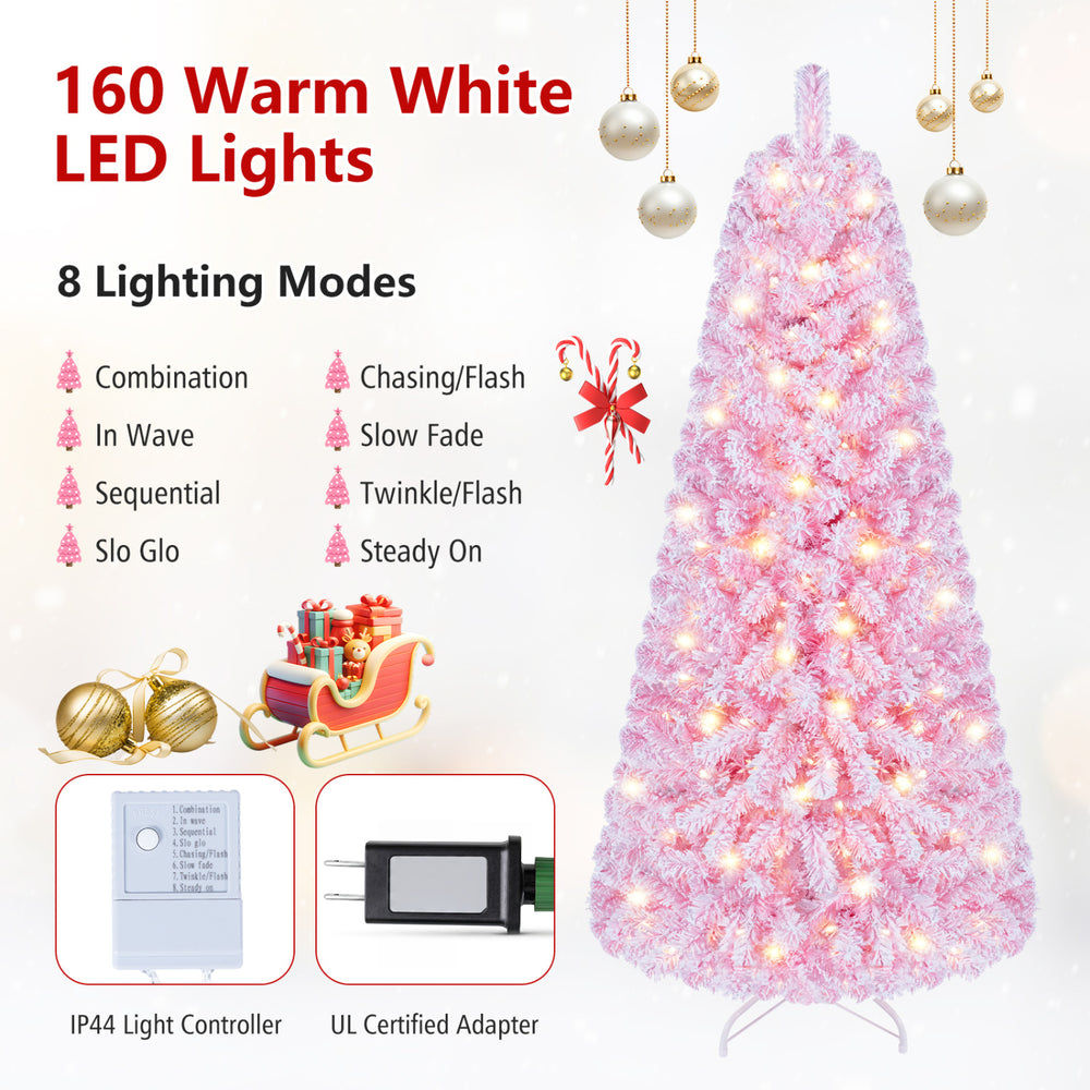 Flocked pink Christmas tree with 160 warm white LED lights, featuring 8 lighting modes and a hinged branch design.
