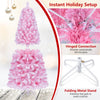 Pink 5 ft flocked fir Christmas tree with 280 warm white LED lights and hinged connection for easy setup.