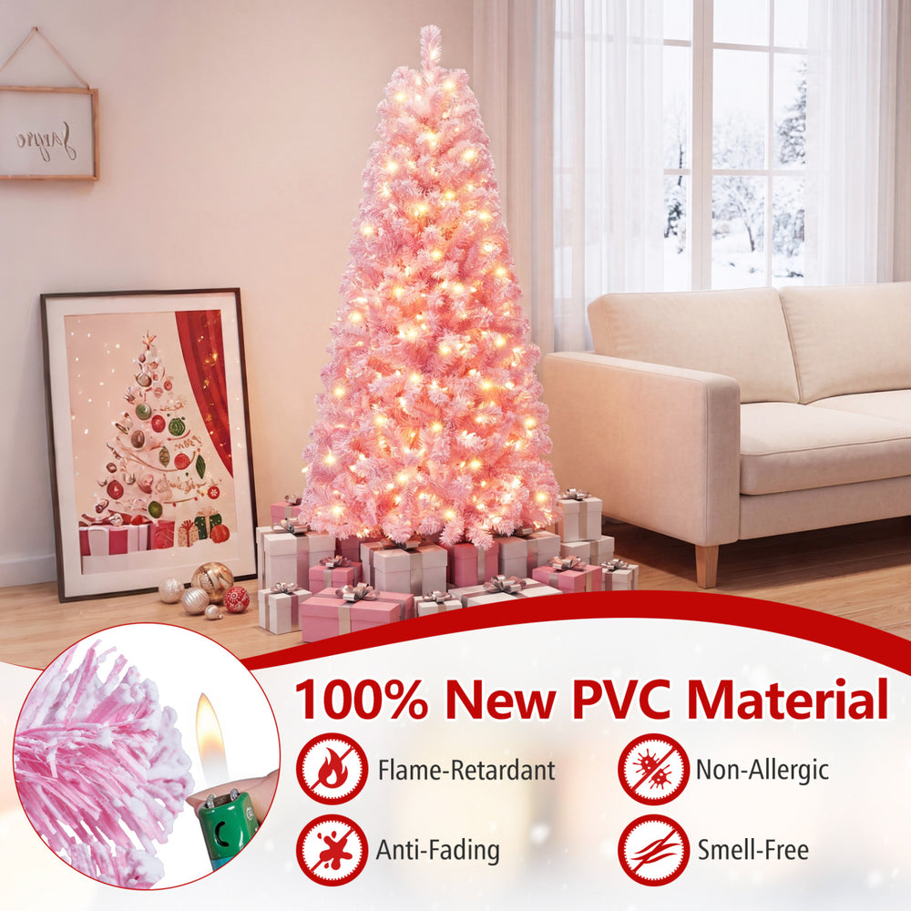 Flocked pink 5 ft Christmas tree with 280 warm white LED lights, featuring a flame-retardant PVC design for festive decor.