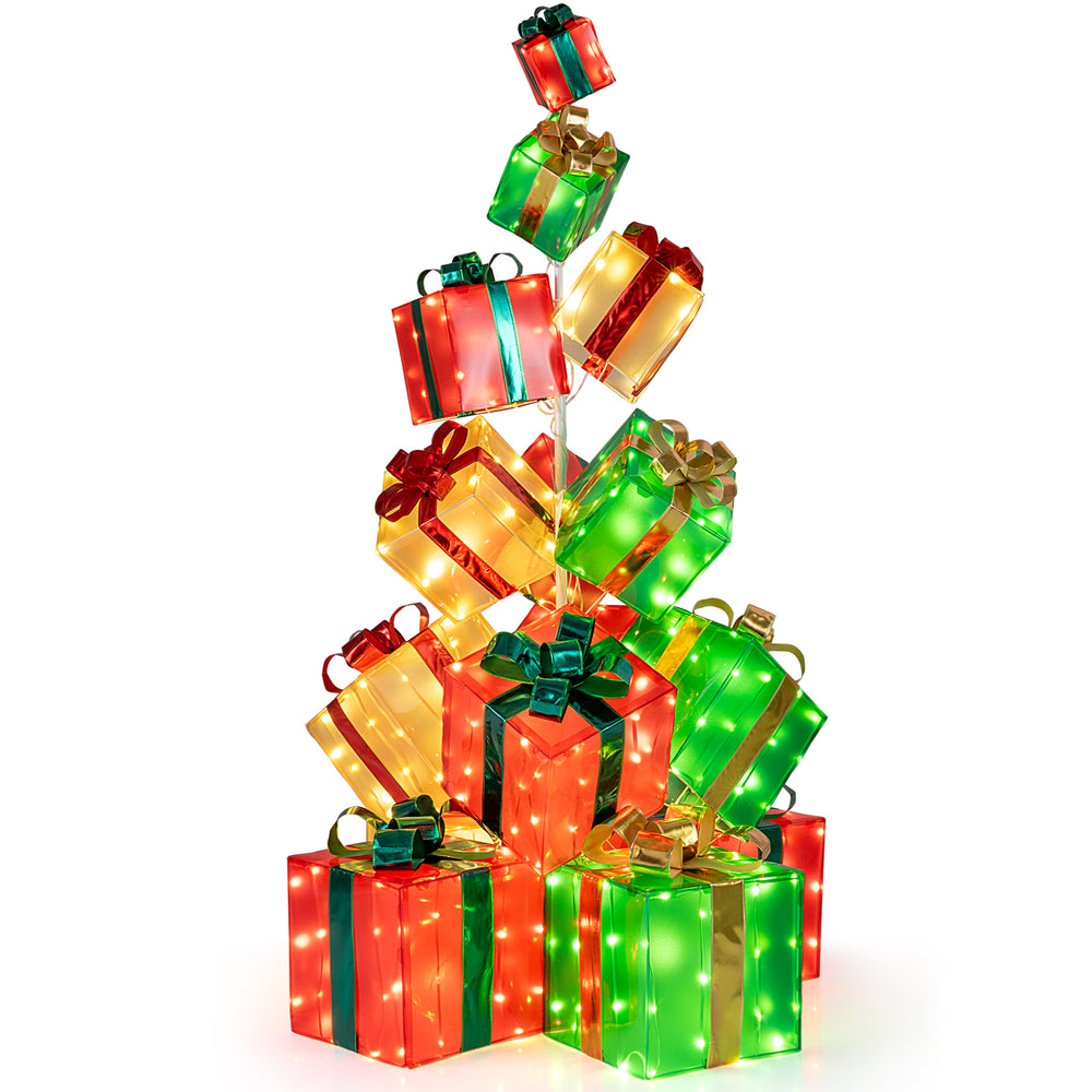 Colorful stacked lighted Christmas boxes with bows, featuring 483 LED lights for festive indoor or outdoor decoration.