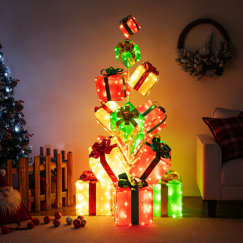 Colorful stacked Christmas gift boxes with bows, featuring 483 LED lights for festive indoor and outdoor decoration.