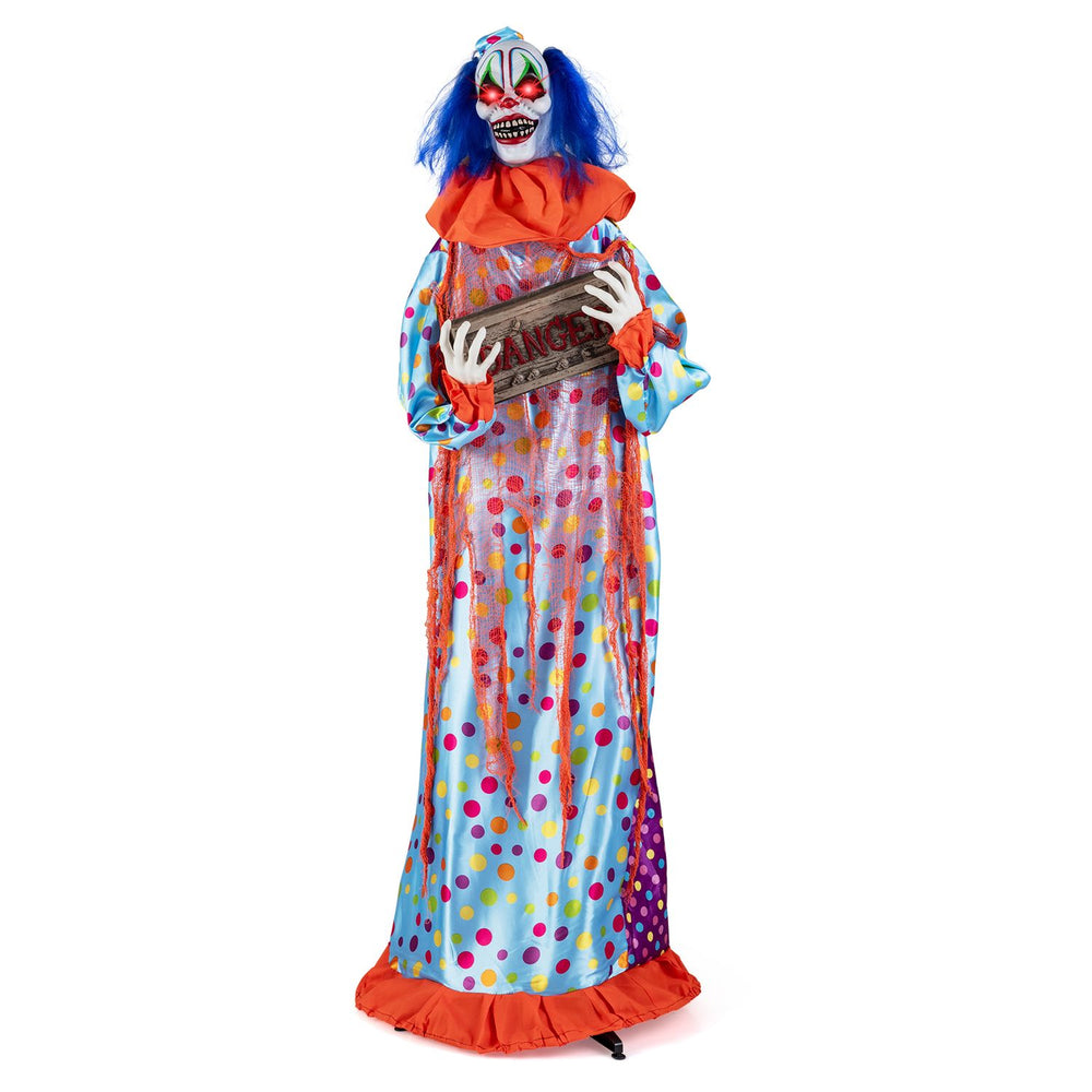 Creepy 5.6 ft animated clown with lifelike movements, detailed costume, and eerie sounds for Halloween scares.