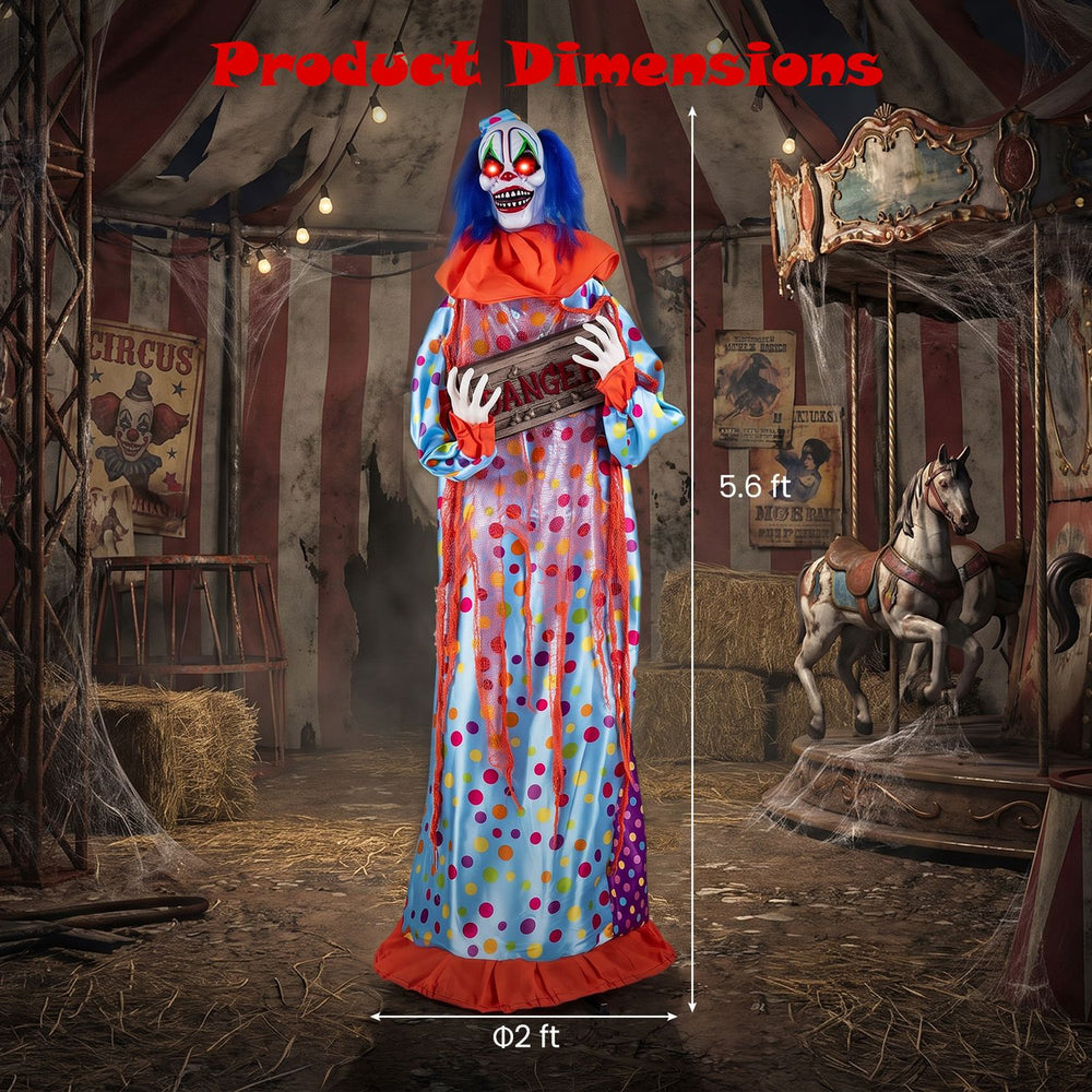 5.6 ft Halloween animated clown with detailed costume and voice effects, perfect for creating a creepy atmosphere indoors.