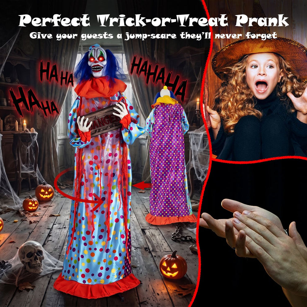 Animated 5.6 ft Halloween clown features lifelike movements, flashing red eyes, and eerie sounds for a chilling scare.
