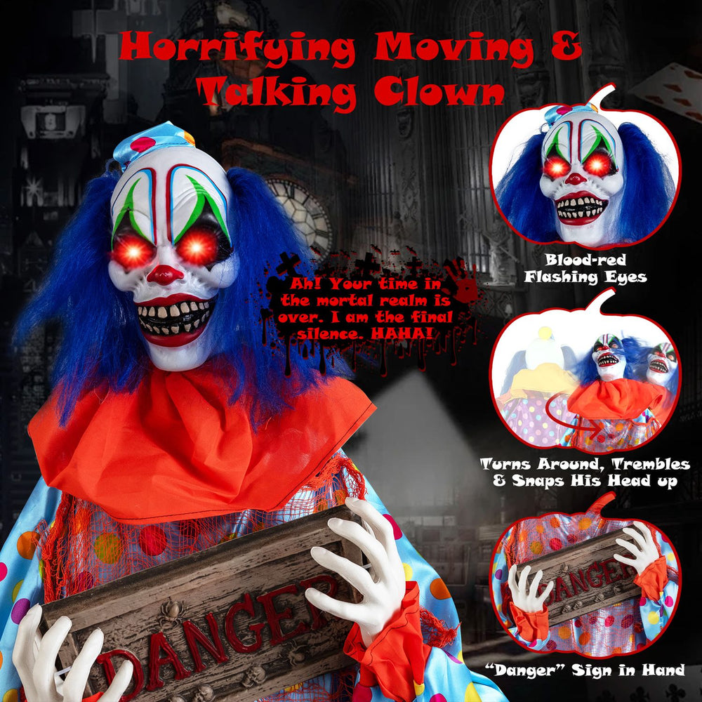 5.6 ft Halloween animated clown with lifelike movements, flashing red eyes, and eerie sounds for a chilling scare.
