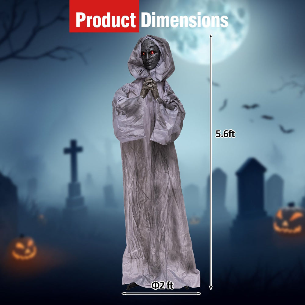 Creepy 5.6 ft Halloween Weeping Woman animatronic with tattered robes, red eyes, and sound-activated movements for scares.