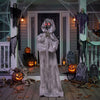 Creepy 5.6 ft Halloween Weeping Woman animatronic features red eyes and tattered robes, perfect for immersive scares.