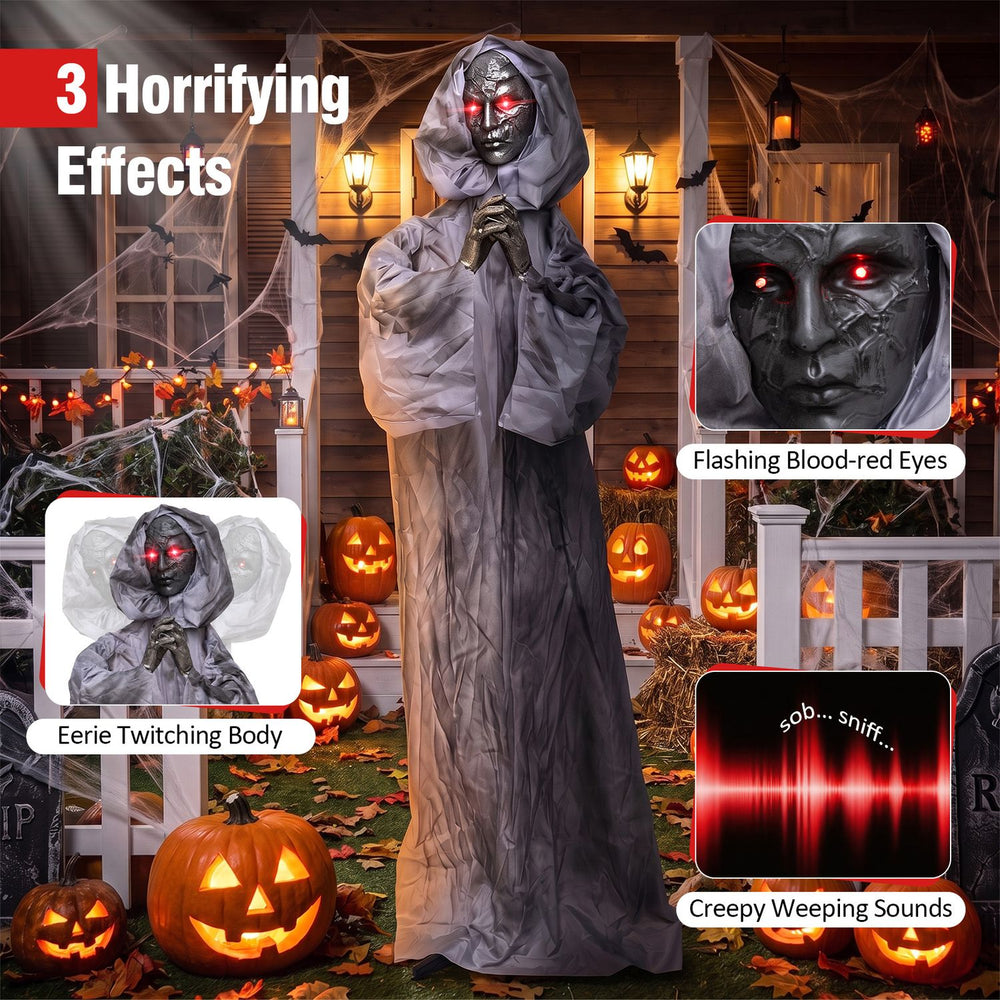 Creepy 5.6 ft Halloween Weeping Woman animatronic features twitching movements and blood-red eyes for a haunting display.