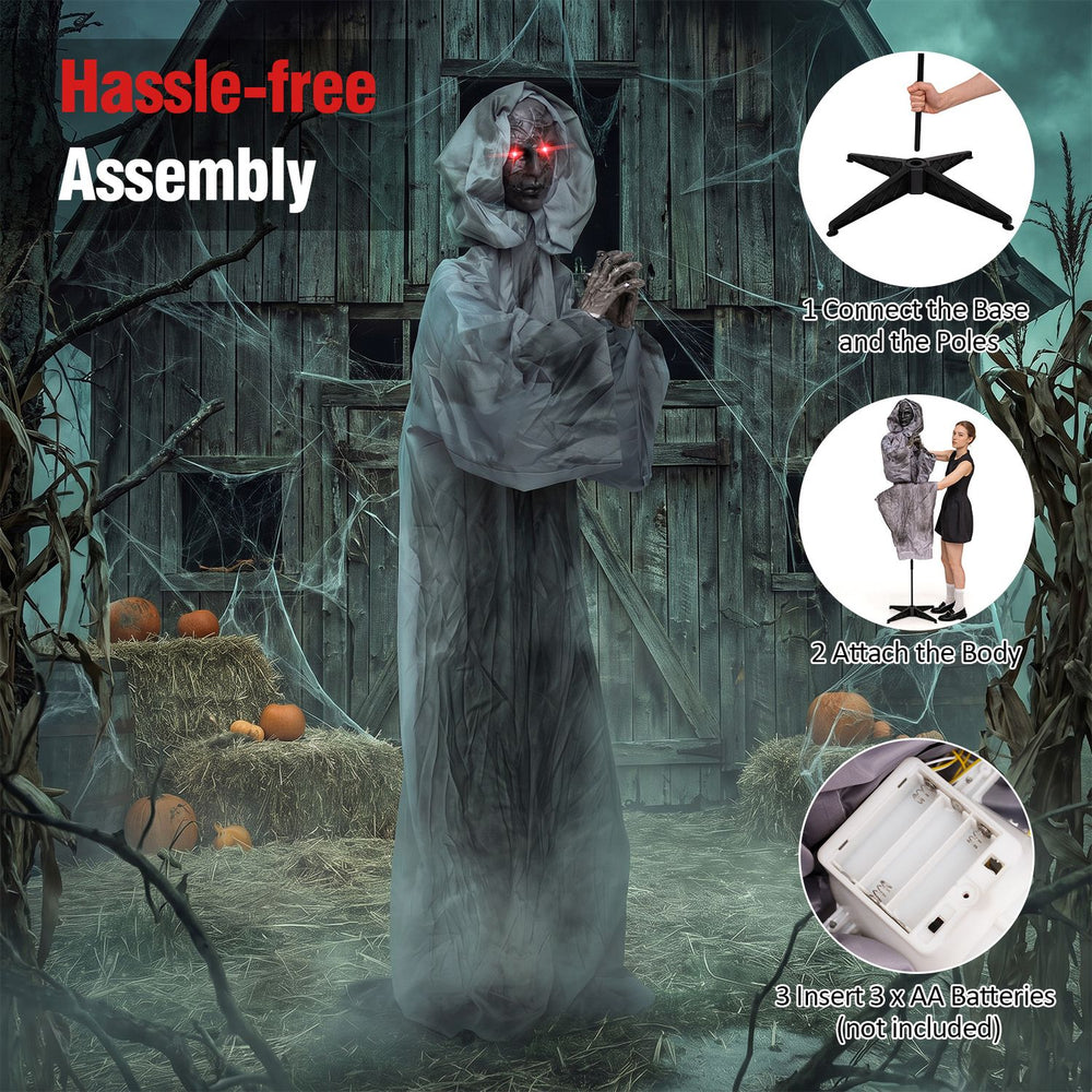 Creepy 5.6 ft Halloween Weeping Woman animatronic with red eyes and tattered robes for an immersive scare experience.