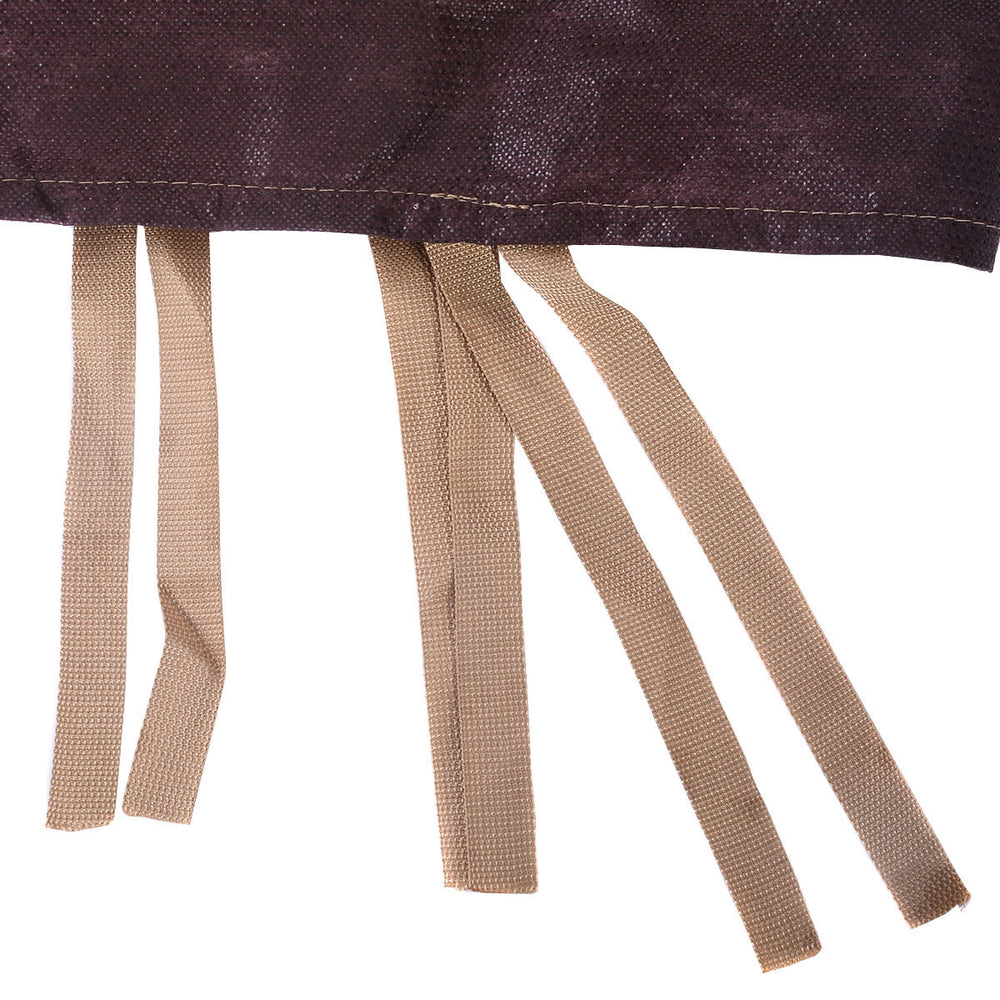 Close-up of the tan and brown 72-inch waterproof garden table cover with click-cloth straps for secure placement.