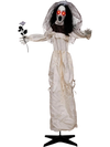 The 5.7 FT Halloween animatronic bride, with poseable arms and glowing red eyes, delivers spine-chilling screams for a haunting effect.