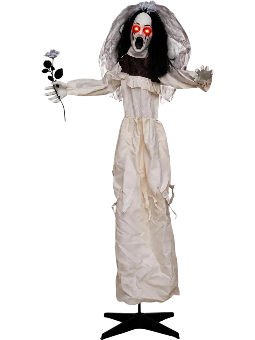 The 5.7 FT Halloween animatronic bride, with poseable arms and glowing red eyes, delivers spine-chilling screams for a haunting effect.