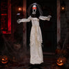 Standing 5.7 FT tall, this Halloween animatronic bride features glowing red eyes and holds a withered flower for spooky displays.