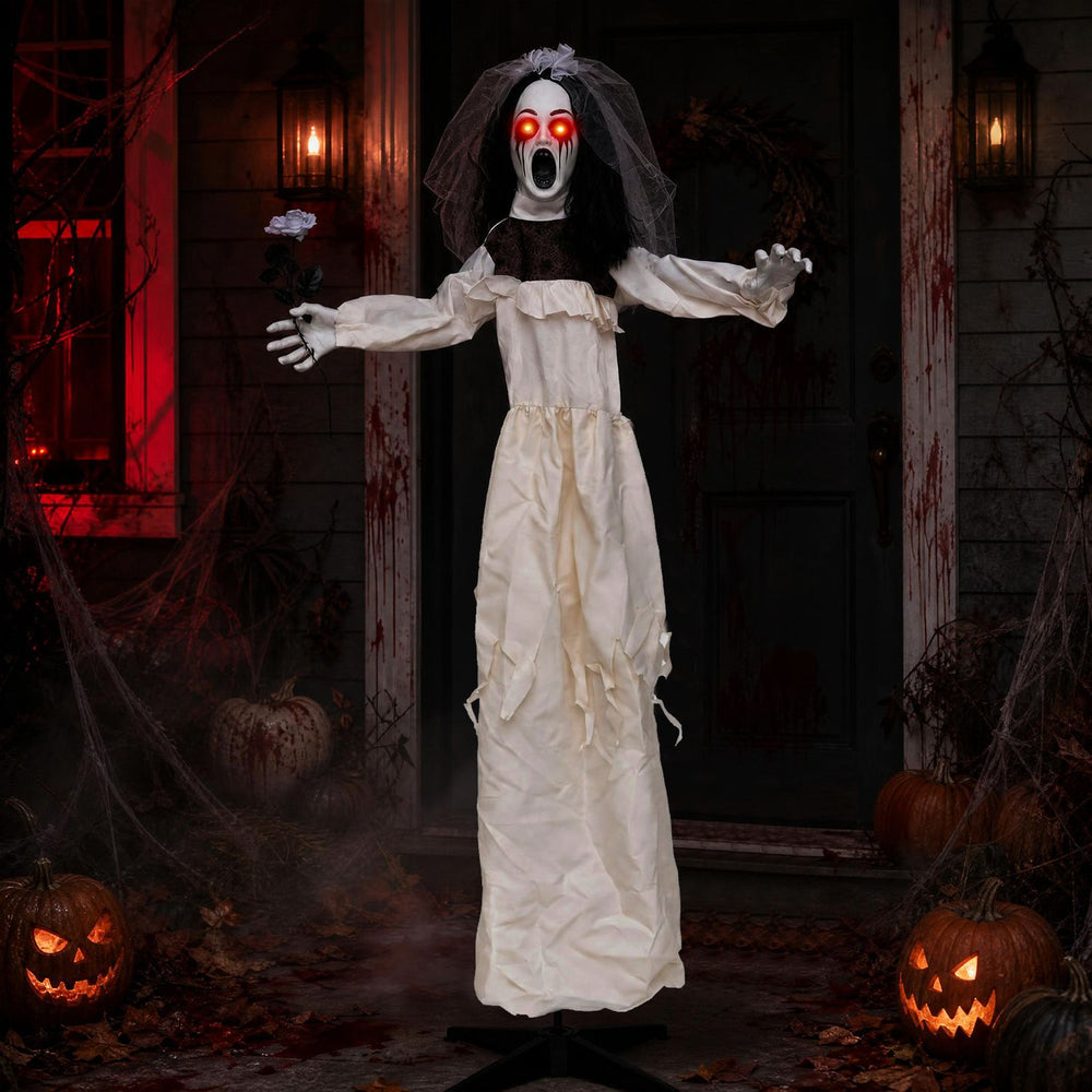 Standing 5.7 FT tall, this Halloween animatronic bride features glowing red eyes and holds a withered flower for spooky displays.